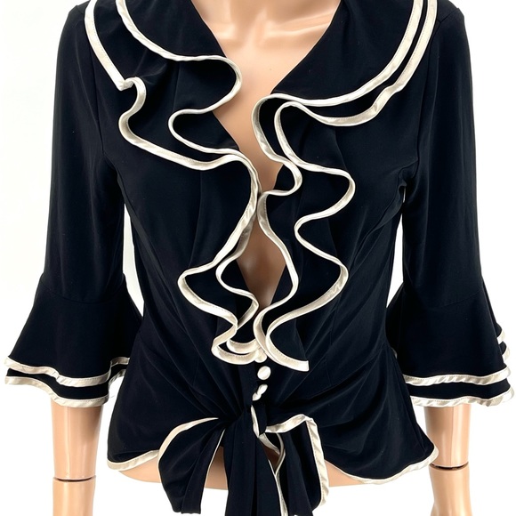 JOSEPH RIBKOFF Flamenco Ruffle Wrap Blouse SIZE 8 Black Ivory Satin Evening Top - Picture 4 of 15